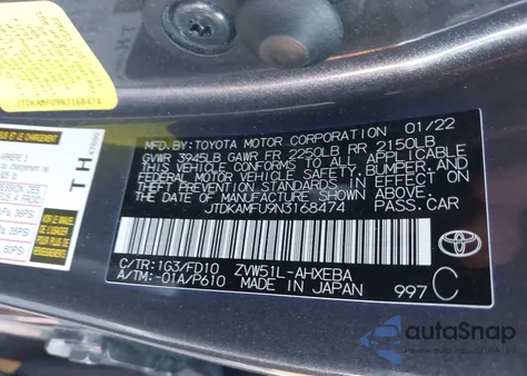 2022 Toyota Prius Le from USA, damaged, VIN JTDKAMFU9N3168474